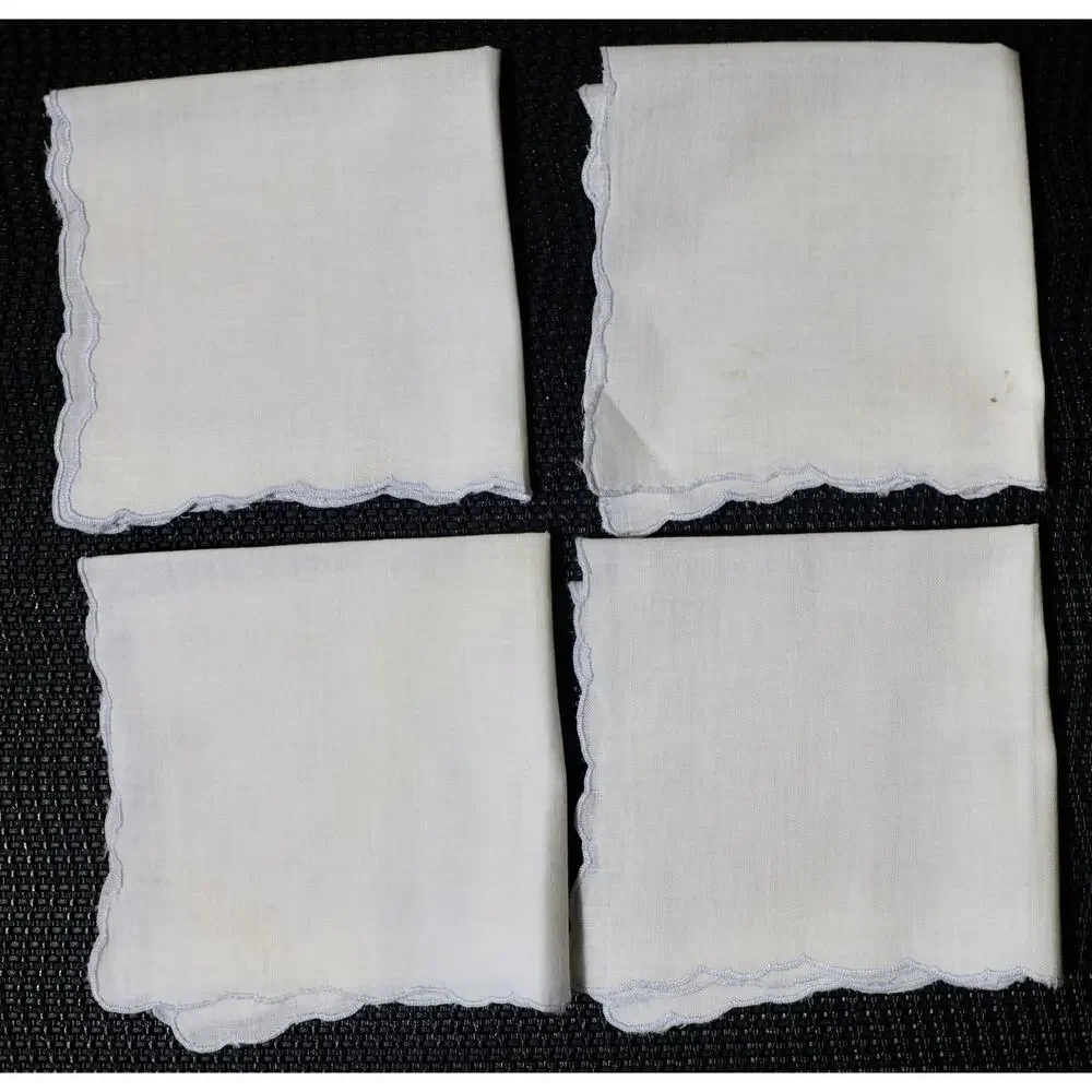 Vintage White Linen Napkins Scalloped Edge Blue Floral Embroidery 10 in Set of 4